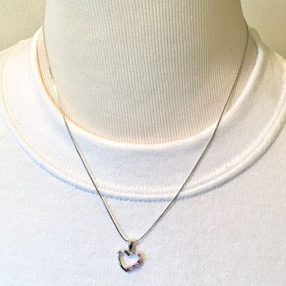 Sterling Silver Pink Sapphire Necklace Lab Created CZ Heart Pendant Snake Chain - Picture 16 of 16